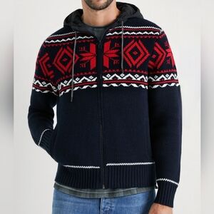 DESIGUAL Alpine Nordic Fair isle Navy Red Hooded Knit Sweater Cardigan Small